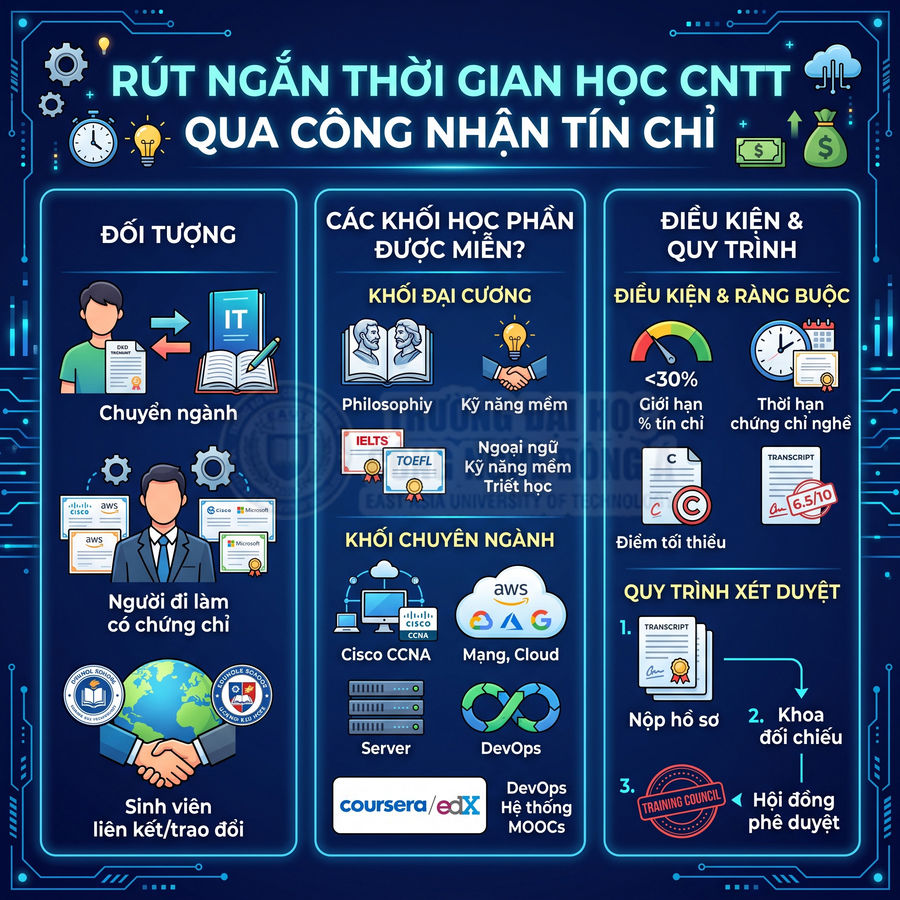 Infographic rút ngắn thời gian học CNTT qua công nhận tín chỉ với đối tượng, học phần miễn và quy trình xét duyệt