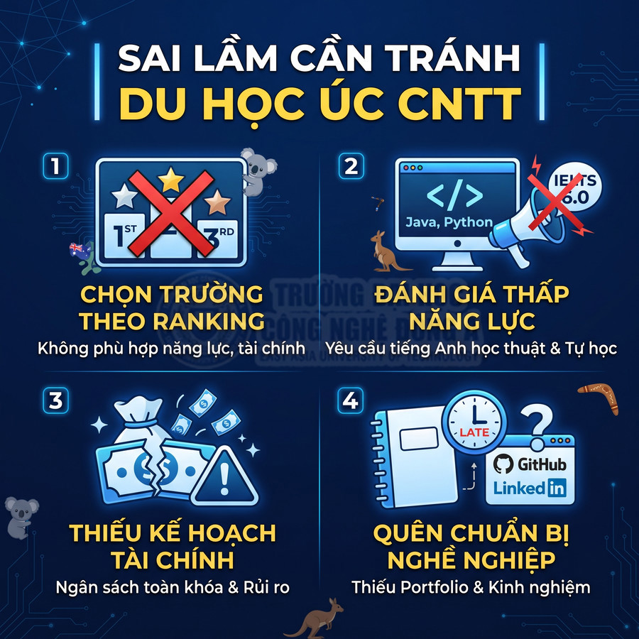Infographic sai lầm cần tránh khi du học Úc ngành CNTT về chọn trường, năng lực, tài chính và chuẩn bị nghề nghiệp