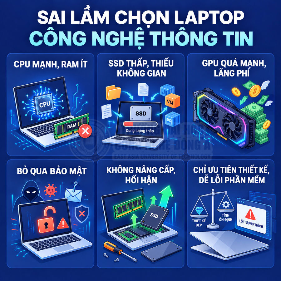 Các sai lầm khi chọn laptop công nghệ thông tin về CPU RAM SSD GPU bảo mật khả năng nâng cấp và thiết kế