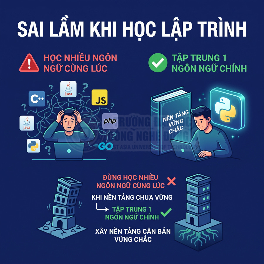 Minh họa sai lầm khi học lập trình, so sánh học nhiều ngôn ngữ với tập trung một ngôn ngữ Python để xây nền tảng vững
