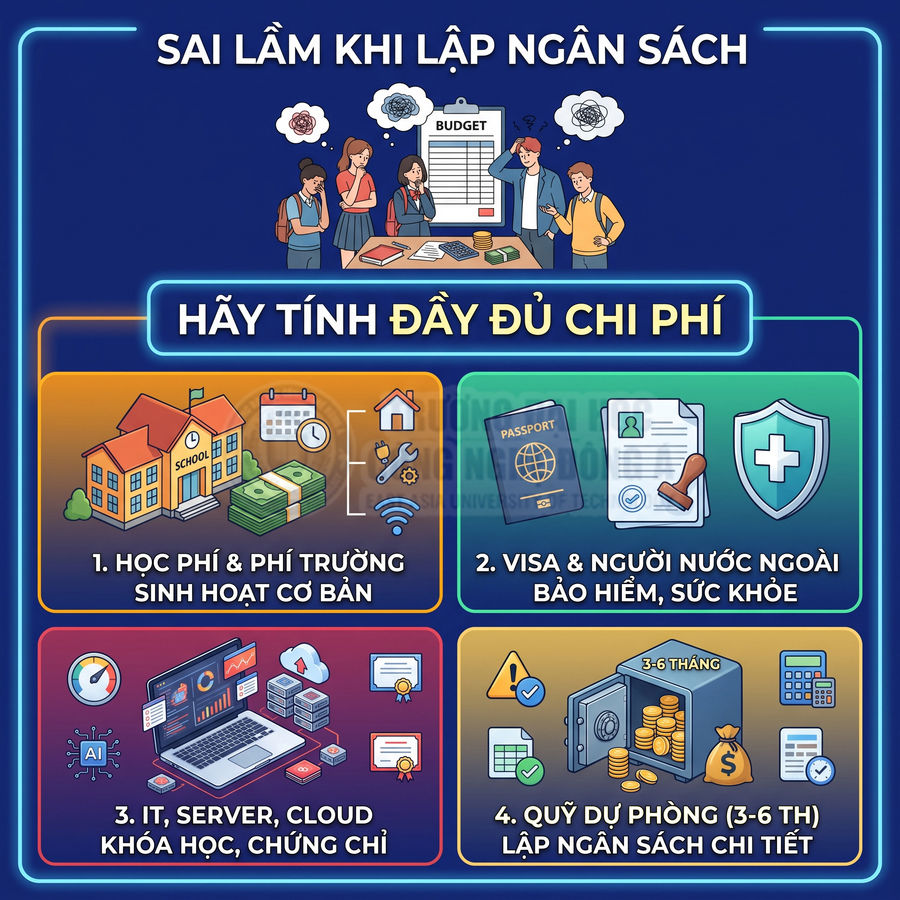 Infographic các khoản chi phí cần tính khi lập ngân sách du học gồm học phí, visa, IT, quỹ dự phòng