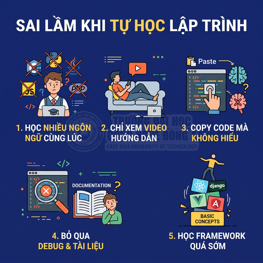 Các sai lầm phổ biến khi tự học lập trình như học nhiều ngôn ngữ, bỏ qua debug, chỉ xem video, copy code, học framework sớm