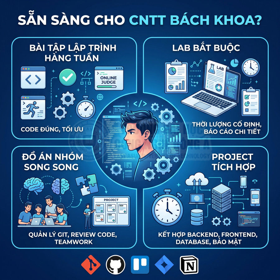 Poster giới thiệu chương trình học CNTT Bách Khoa với bài tập lập trình, lab, đồ án nhóm và project tích hợp