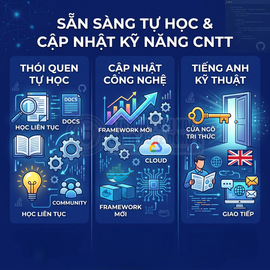 Banner kỹ năng CNTT với các biểu tượng tự học, cập nhật công nghệ, tiếng Anh kỹ thuật và học online