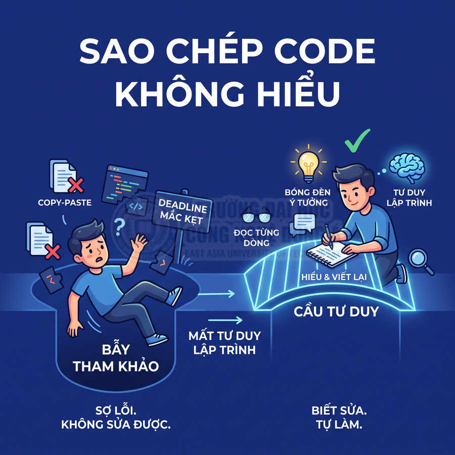 Minh họa lập trình viên sao chép code không hiểu và cách đọc hiểu, viết lại để phát triển tư duy lập trình