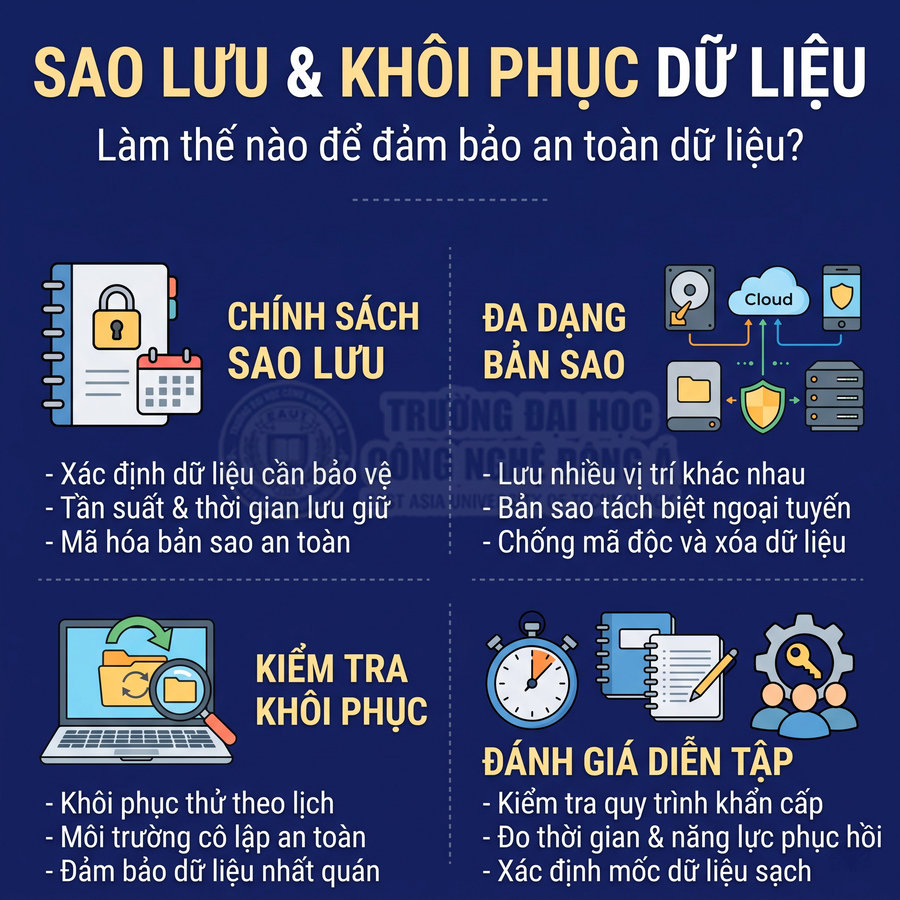 Nội dung hướng dẫn sao lưu và khôi phục dữ liệu an toàn, minh họa chính sách sao lưu, lưu bản sao ở nhiều nơi, kiểm tra khôi phục và diễn tập phục hồi.