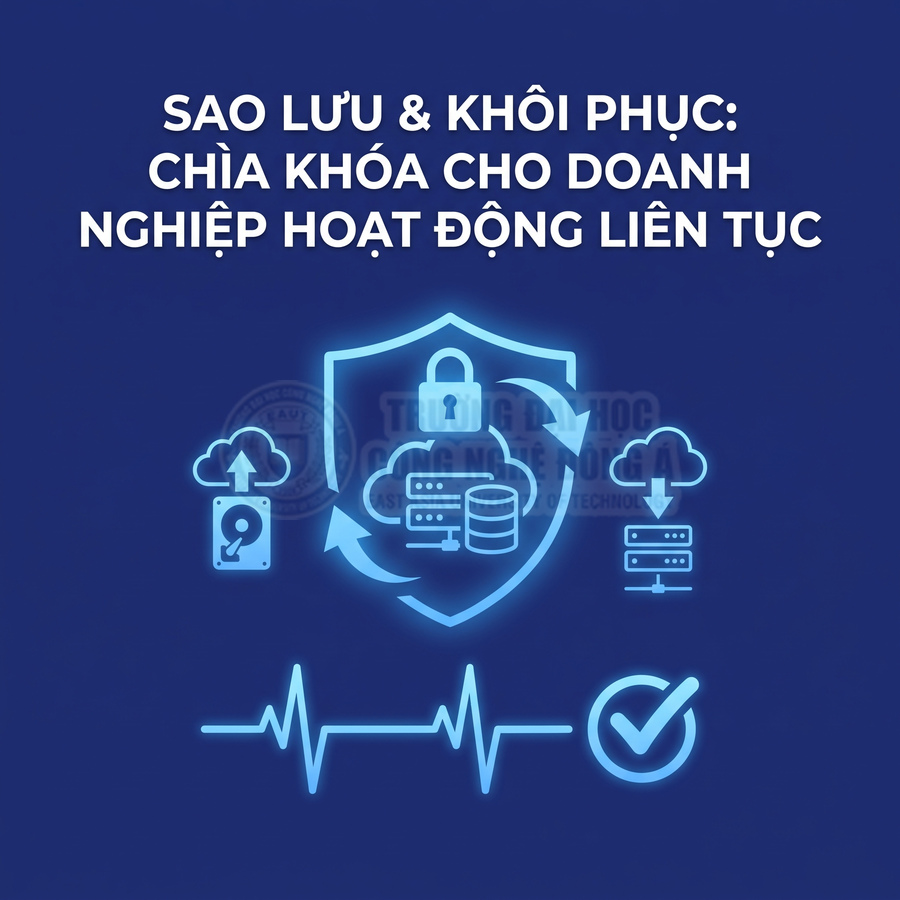 Biểu tượng sao lưu và khôi phục dữ liệu doanh nghiệp liên tục với đám mây, máy chủ và lá chắn bảo mật