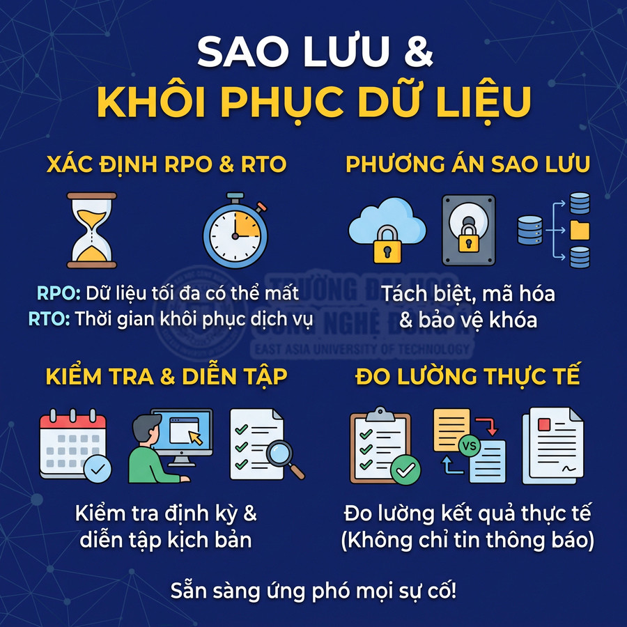 Nội dung về sao lưu và khôi phục dữ liệu, gồm xác định RPO RTO, phương án sao lưu, kiểm tra định kỳ và đo lường kết quả thực tế