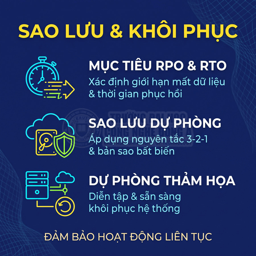 Sao lưu và khôi phục dữ liệu với mục tiêu RPO, RTO, nguyên tắc 3-2-1 và dự phòng thảm họa để duy trì hoạt động liên tục