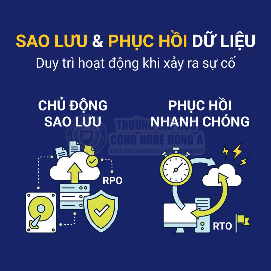 Minh họa sao lưu và phục hồi dữ liệu với ổ cứng đám mây máy chủ và chỉ số RPO RTO