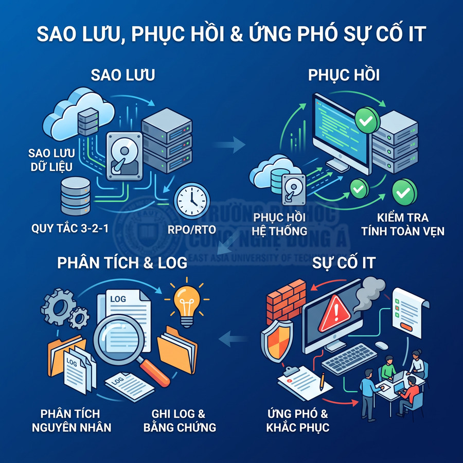 Minh họa quy trình sao lưu, phục hồi dữ liệu, phân tích log và ứng phó sự cố IT trên nền xanh