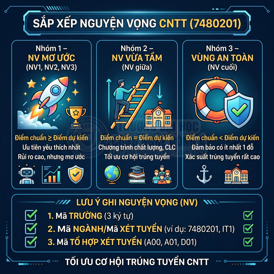 Infographic hướng dẫn sắp xếp nguyện vọng ngành CNTT 7480201 với ba nhóm NV mơ ước vừa tầm và vùng an toàn