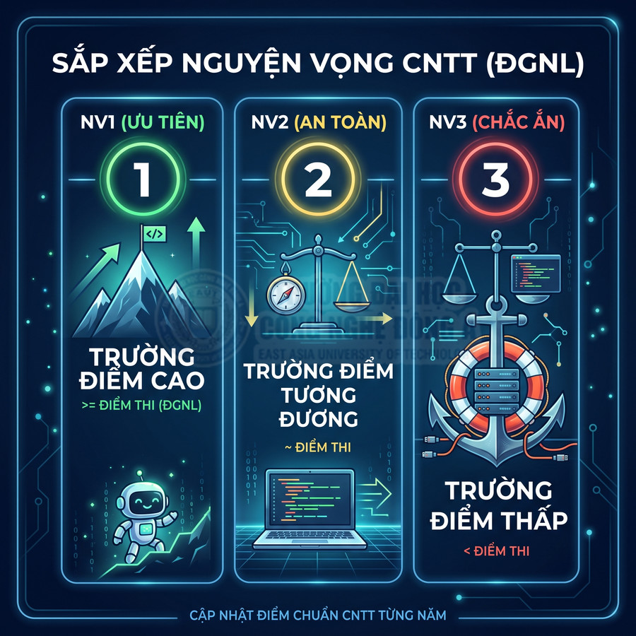 Hướng dẫn sắp xếp nguyện vọng ngành CNTT theo mức điểm chuẩn cao, tương đương và thấp để chọn trường phù hợp