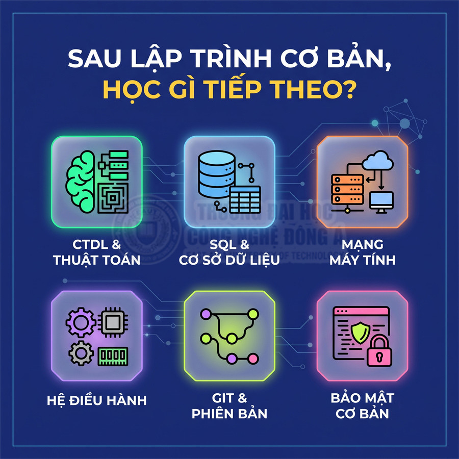 Lộ trình học sau lập trình cơ bản với CTDL, SQL, mạng máy tính, hệ điều hành, Git và bảo mật cơ bản