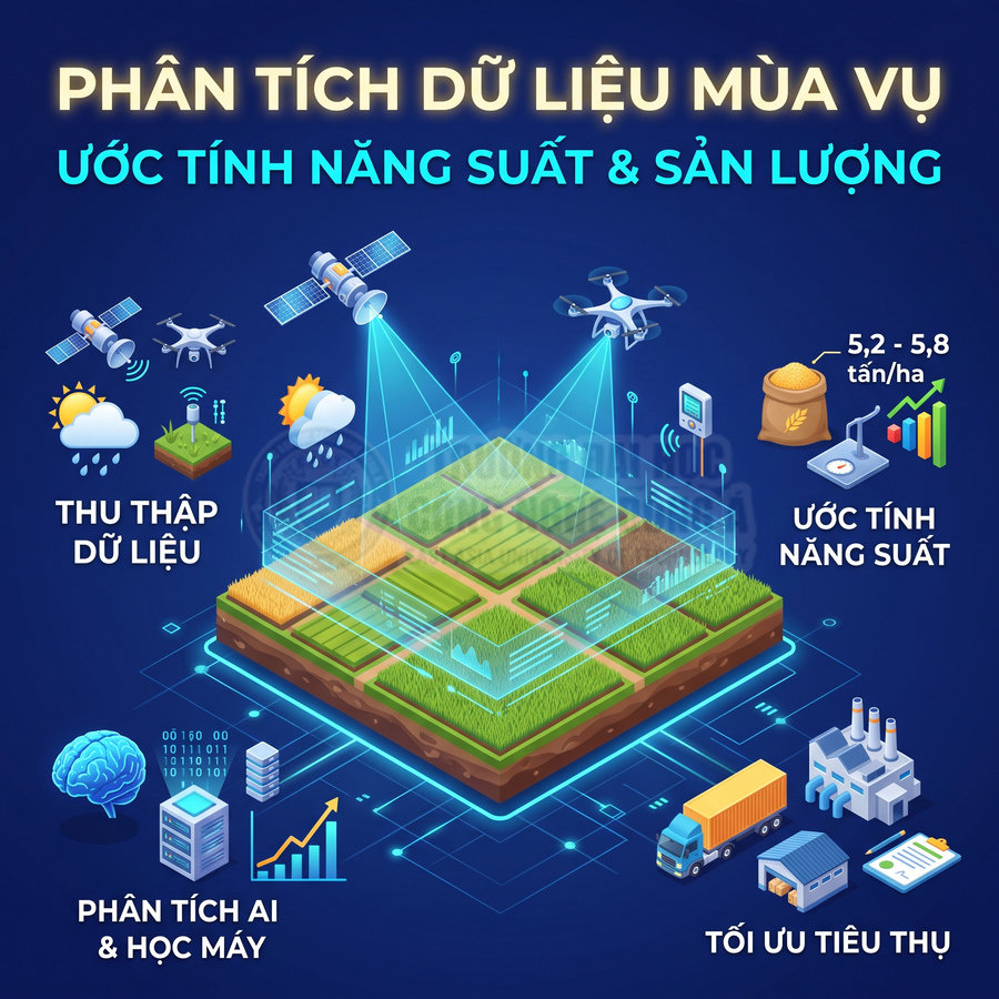 Minh họa phân tích dữ liệu mùa vụ bằng AI để ước tính năng suất, sản lượng và tối ưu tiêu thụ nông sản