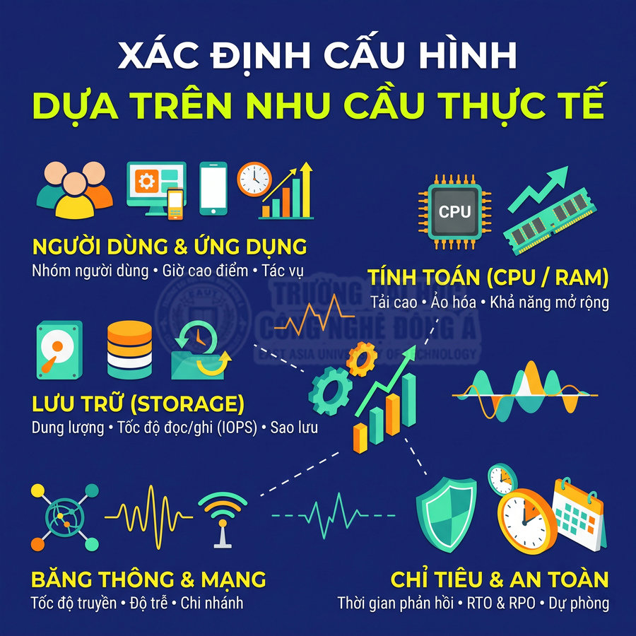 Các tiêu chí xác định cấu hình máy chủ theo nhu cầu gồm người dùng, CPU RAM, lưu trữ, mạng và an toàn.