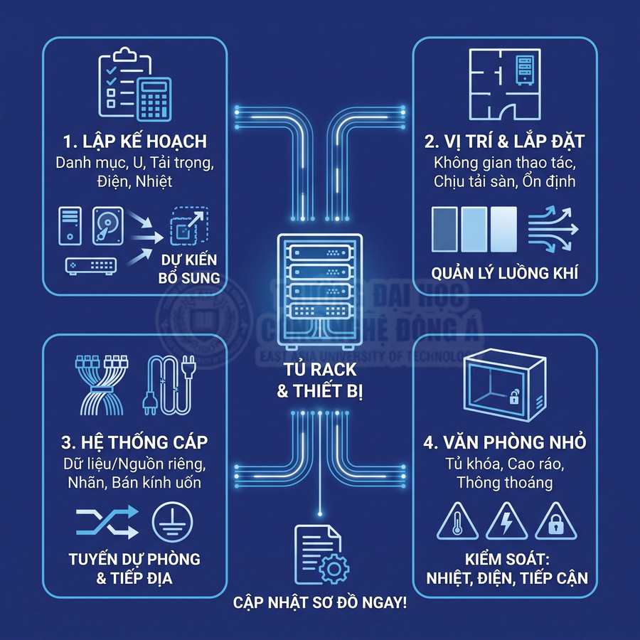 Tủ rack và thiết bị với hướng dẫn lập kế hoạch, vị trí lắp đặt, hệ thống cáp và kiểm soát phòng máy nhỏ