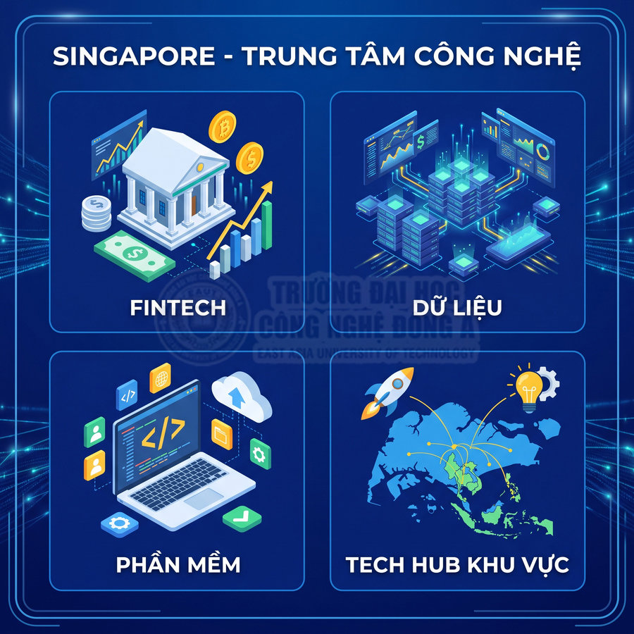 Singapore trung tâm công nghệ với các lĩnh vực fintech, dữ liệu, phần mềm và tech hub khu vực minh họa bằng icon hiện đại