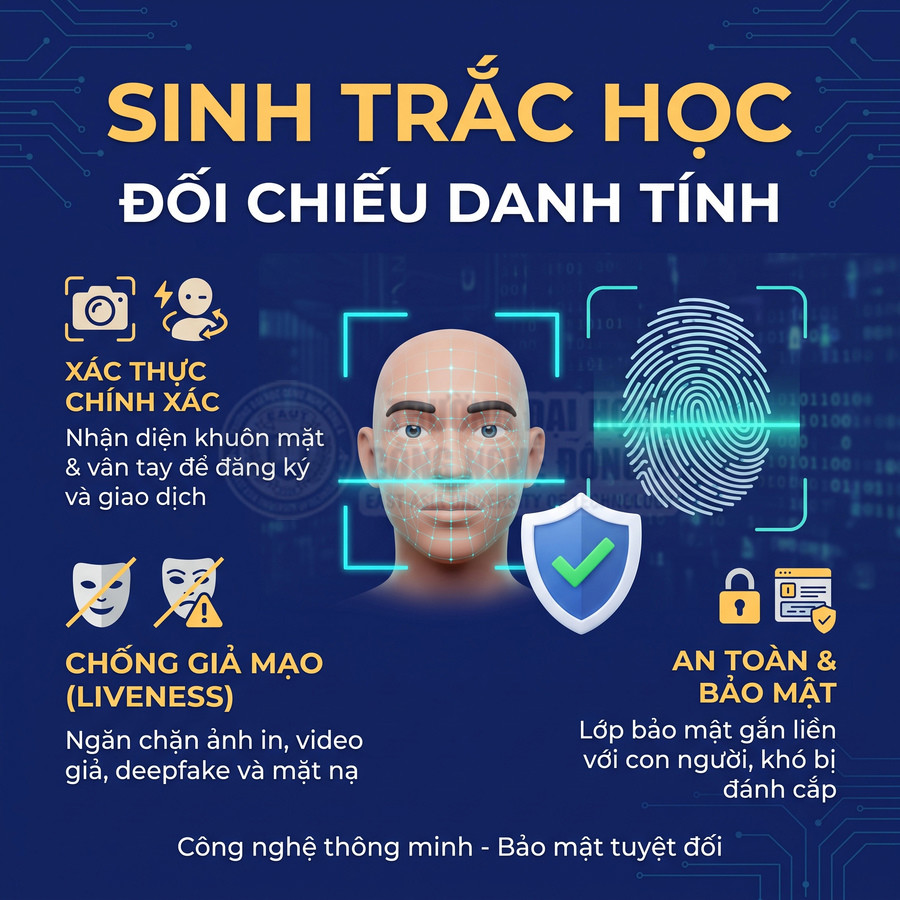 Công nghệ sinh trắc học xác thực danh tính bằng nhận diện khuôn mặt và vân tay, chống giả mạo và bảo mật giao dịch