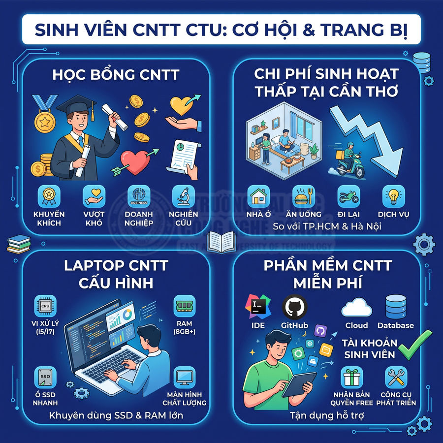 Infographic cơ hội học bổng, chi phí, laptop cấu hình và phần mềm miễn phí cho sinh viên CNTT CTU