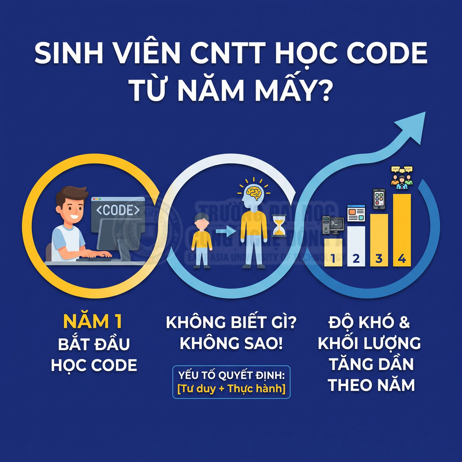 Infographic lộ trình sinh viên CNTT học code từ năm 1, nhấn mạnh tư duy, thực hành và độ khó tăng dần mỗi năm