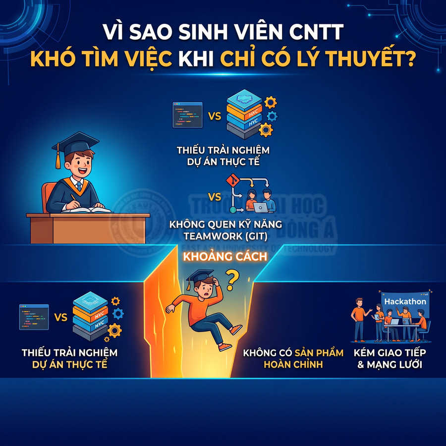 Infographic lý do sinh viên CNTT khó xin việc vì thiếu dự án thực tế, kỹ năng teamwork, sản phẩm hoàn chỉnh và giao tiếp