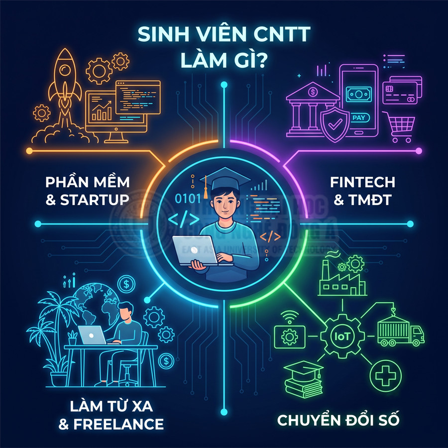 Sinh viên CNTT với laptop và các hướng nghề nghiệp phần mềm startup fintech thương mại điện tử làm freelance chuyển đổi số