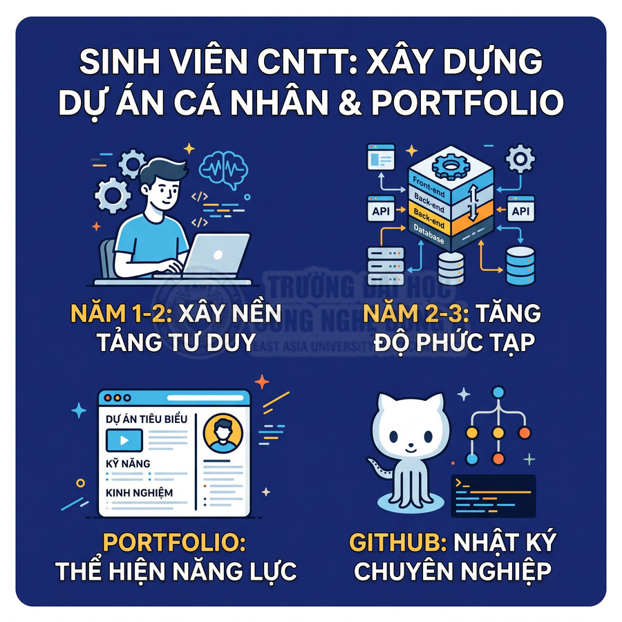 Infographic hướng dẫn sinh viên CNTT xây dựng dự án cá nhân, portfolio và dùng GitHub để phát triển kỹ năng lập trình
