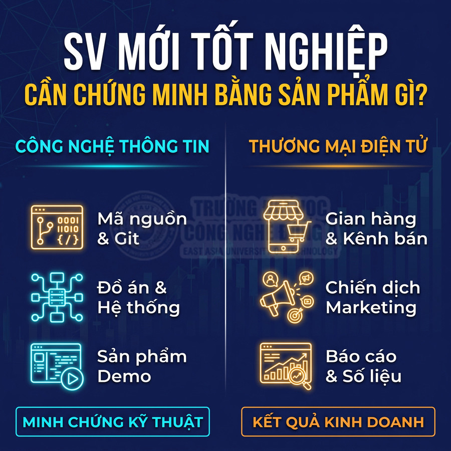 Sinh viên mới tốt nghiệp cần mã nguồn, dự án, sản phẩm demo hoặc gian hàng, chiến dịch marketing và báo cáo kinh doanh để chứng minh năng lực.
