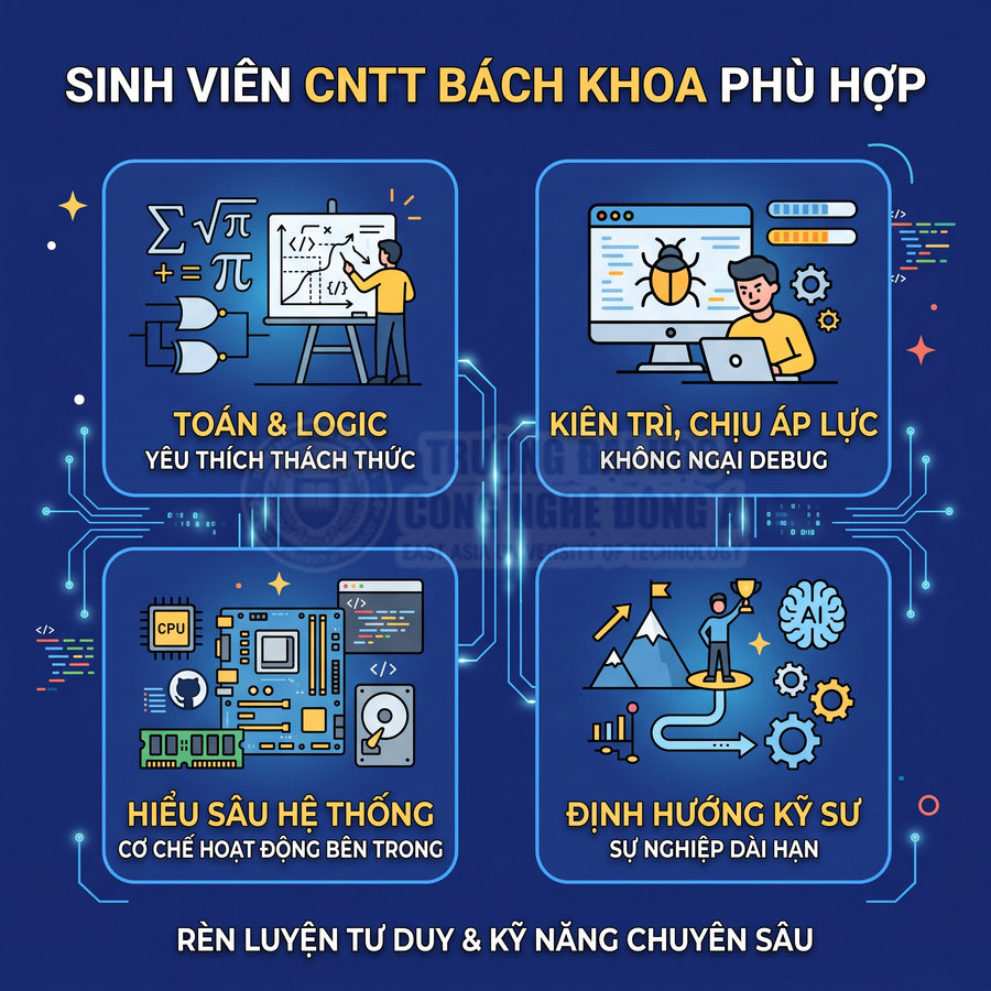 Infographic tiêu chí phù hợp cho sinh viên CNTT Bách Khoa về toán logic, kiên trì, hiểu hệ thống và định hướng kỹ sư