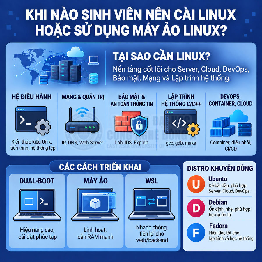 Infographic hướng dẫn sinh viên lý do nên cài Linux, cách triển khai dual boot, máy ảo, WSL và distro Ubuntu Debian Fedora