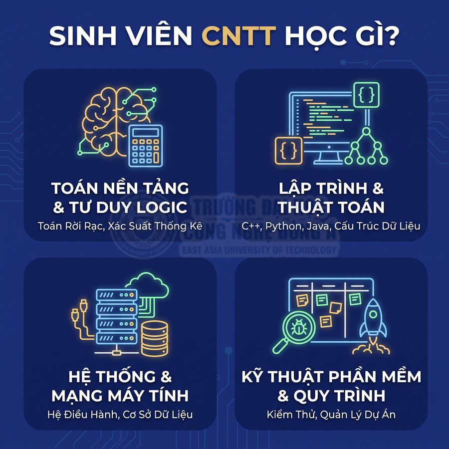 Nội dung sinh viên CNTT học gồm toán nền tảng, lập trình, hệ thống mạng, kỹ thuật phần mềm và quy trình phát triển