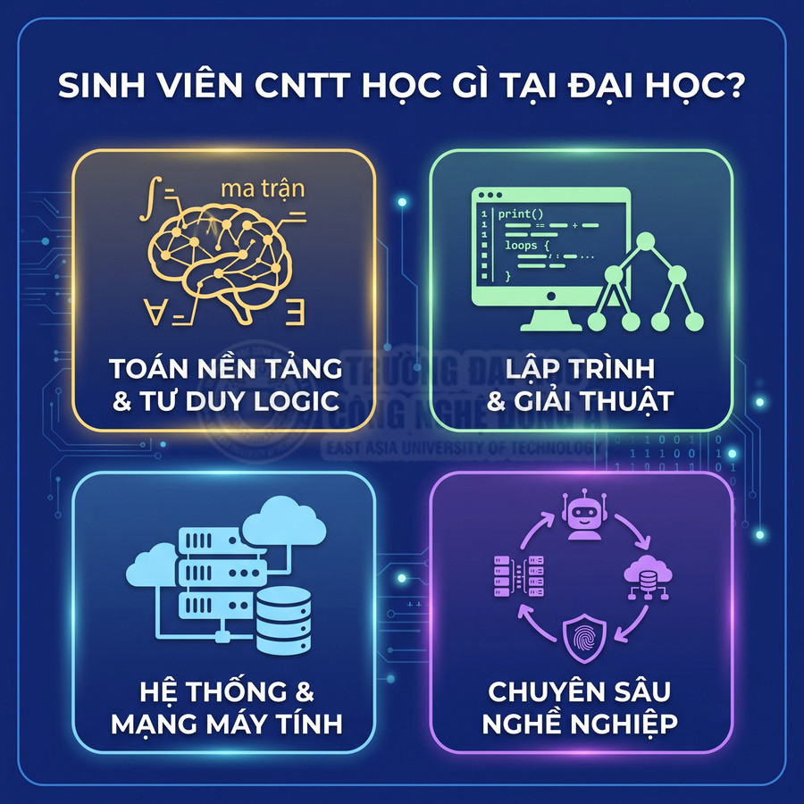 Các môn sinh viên CNTT học: toán tư duy logic, lập trình giải thuật, hệ thống mạng, chuyên sâu nghề nghiệp