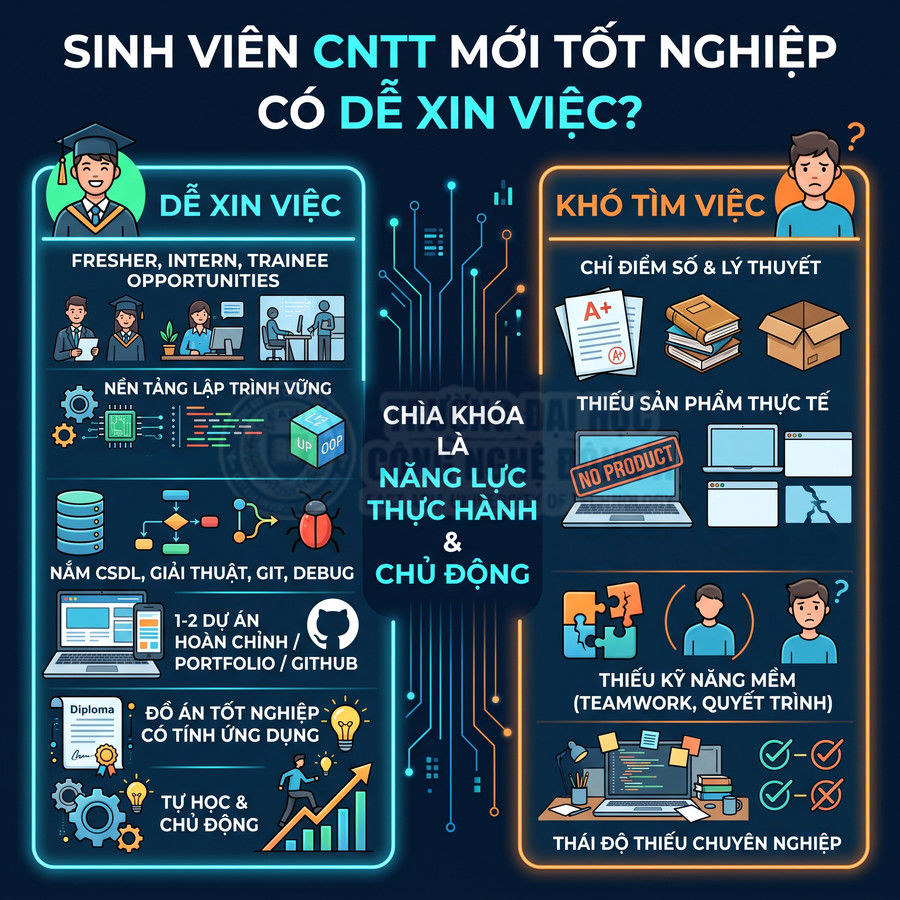 Infographic so sánh sinh viên CNTT mới tốt nghiệp dễ xin việc và khó tìm việc, nhấn mạnh năng lực thực hành và chủ động