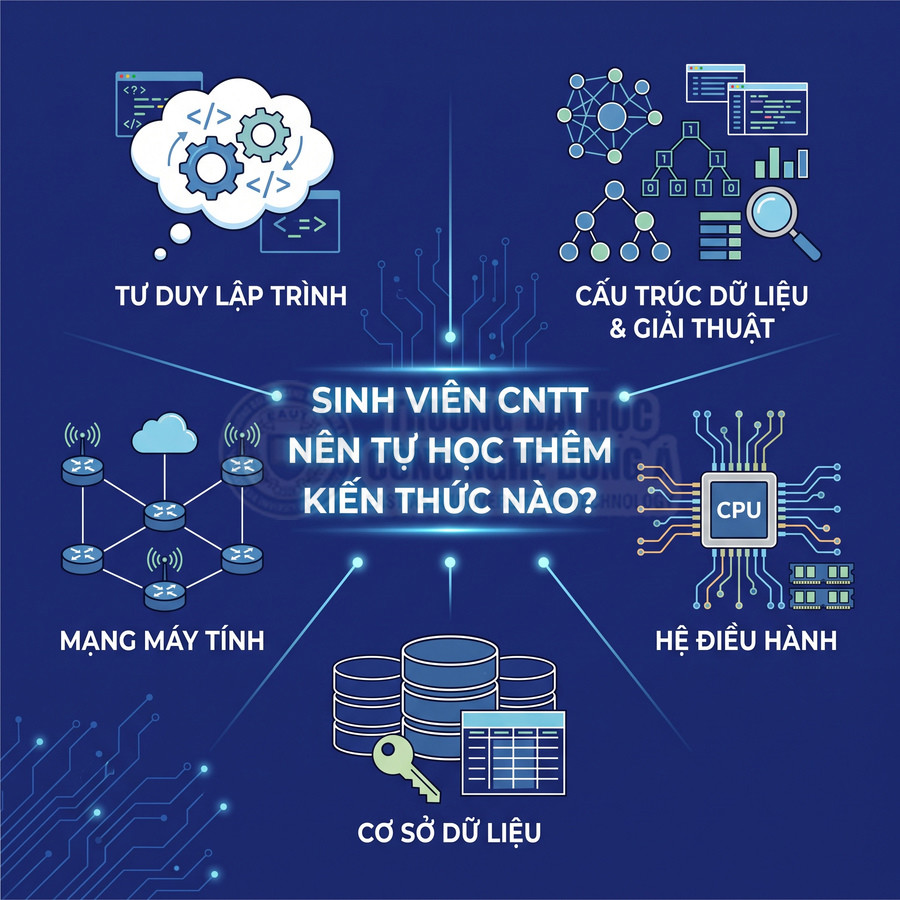Các kiến thức sinh viên CNTT nên tự học thêm như lập trình, cấu trúc dữ liệu, mạng, hệ điều hành, cơ sở dữ liệu