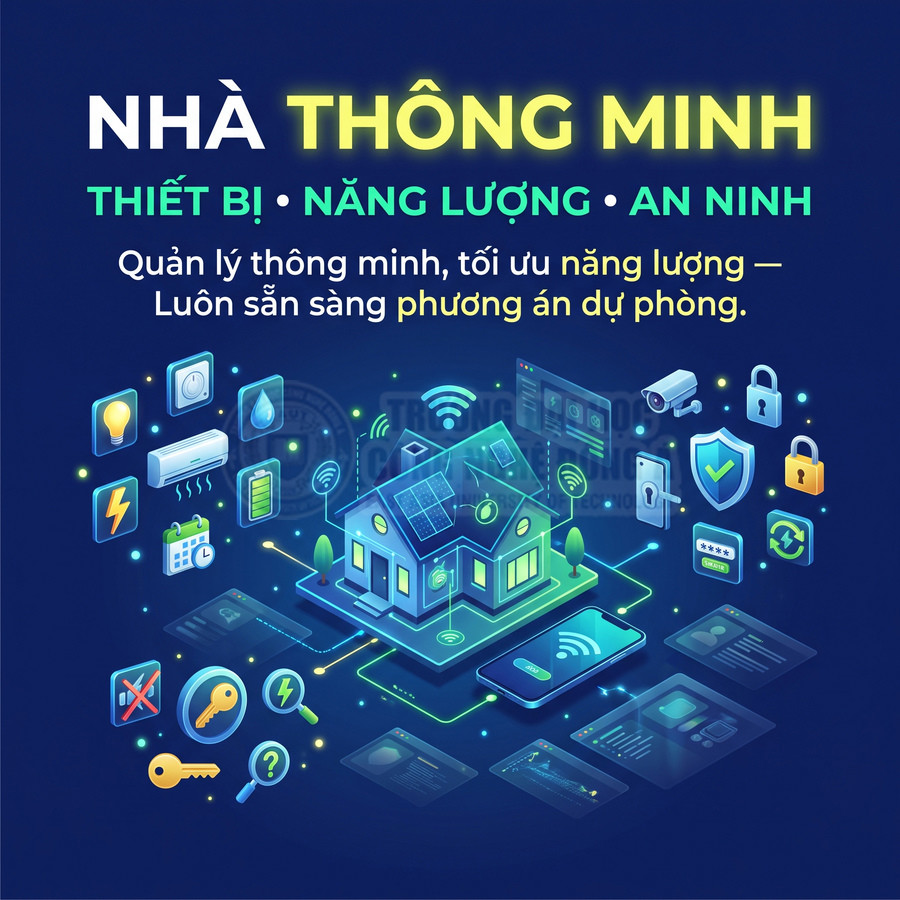 Nhà thông minh với thiết bị điều khiển, năng lượng mặt trời và hệ thống an ninh kết nối ինտernet