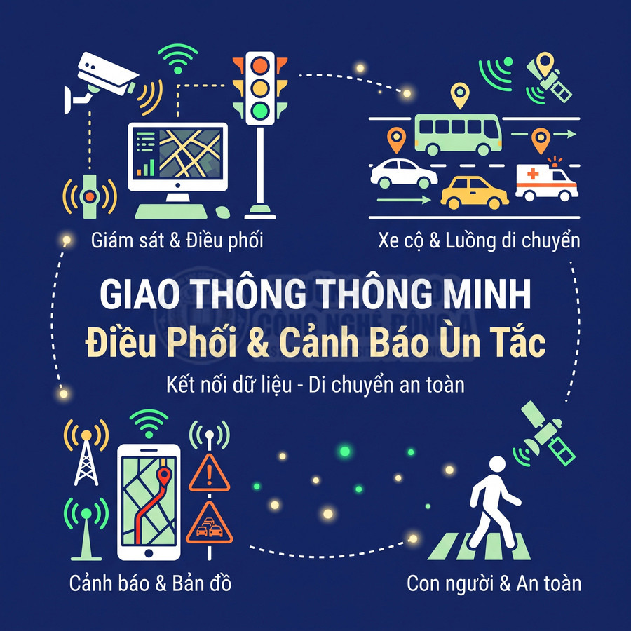 Đồ họa giao thông thông minh với hệ thống giám sát, điều phối xe cộ và cảnh báo ùn tắc để di chuyển an toàn