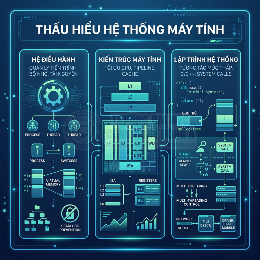 Infographic thấu hiểu hệ thống máy tính với hệ điều hành, kiến trúc CPU và lập trình hệ thống