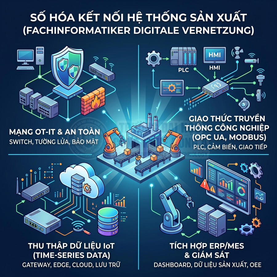 Mô hình nhà máy thông minh với robot, IoT, mạng OT IT, giao thức công nghiệp và hệ thống giám sát dữ liệu sản xuất