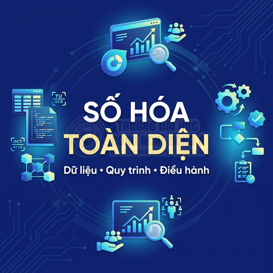 Số hóa toàn diện dữ liệu, quy trình và điều hành với biểu tượng phân tích biểu đồ và tự động hóa