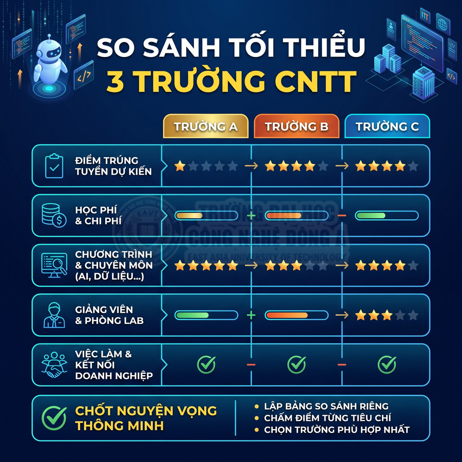 Bảng so sánh tối thiểu 3 trường đại học CNTT theo điểm chuẩn, học phí, chương trình, giảng viên và cơ hội việc làm