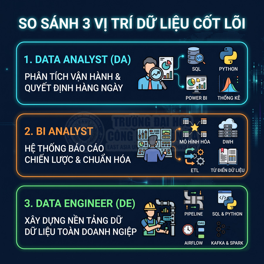 So sánh ba vị trí Data Analyst, BI Analyst và Data Engineer cùng kỹ năng và nhiệm vụ chính