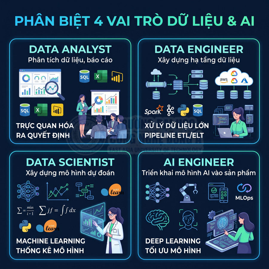 So sánh 4 vai trò Data Analyst, Data Engineer, Data Scientist và AI Engineer trong lĩnh vực dữ liệu và AI