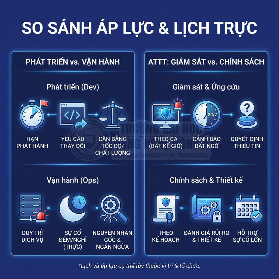 So sánh áp lực và lịch trực giữa phát triển, vận hành, giám sát ứng cứu và thiết kế chính sách an toàn thông tin