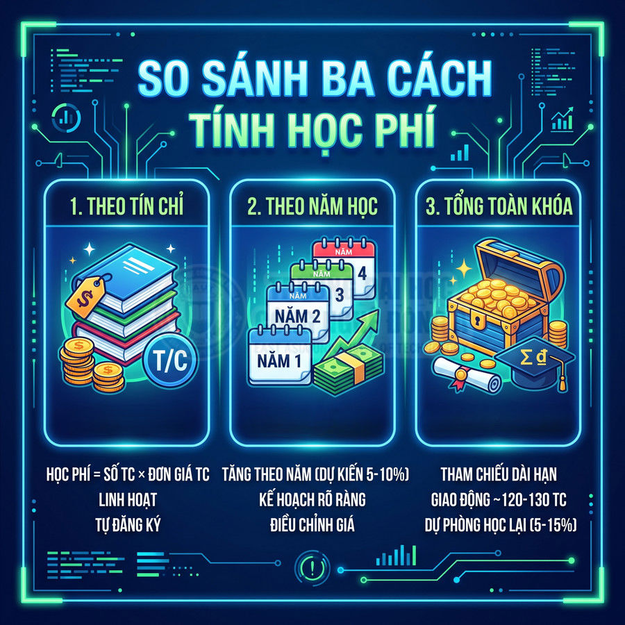 Infographic so sánh ba cách tính học phí đại học theo tín chỉ, theo năm học và tổng toàn khóa