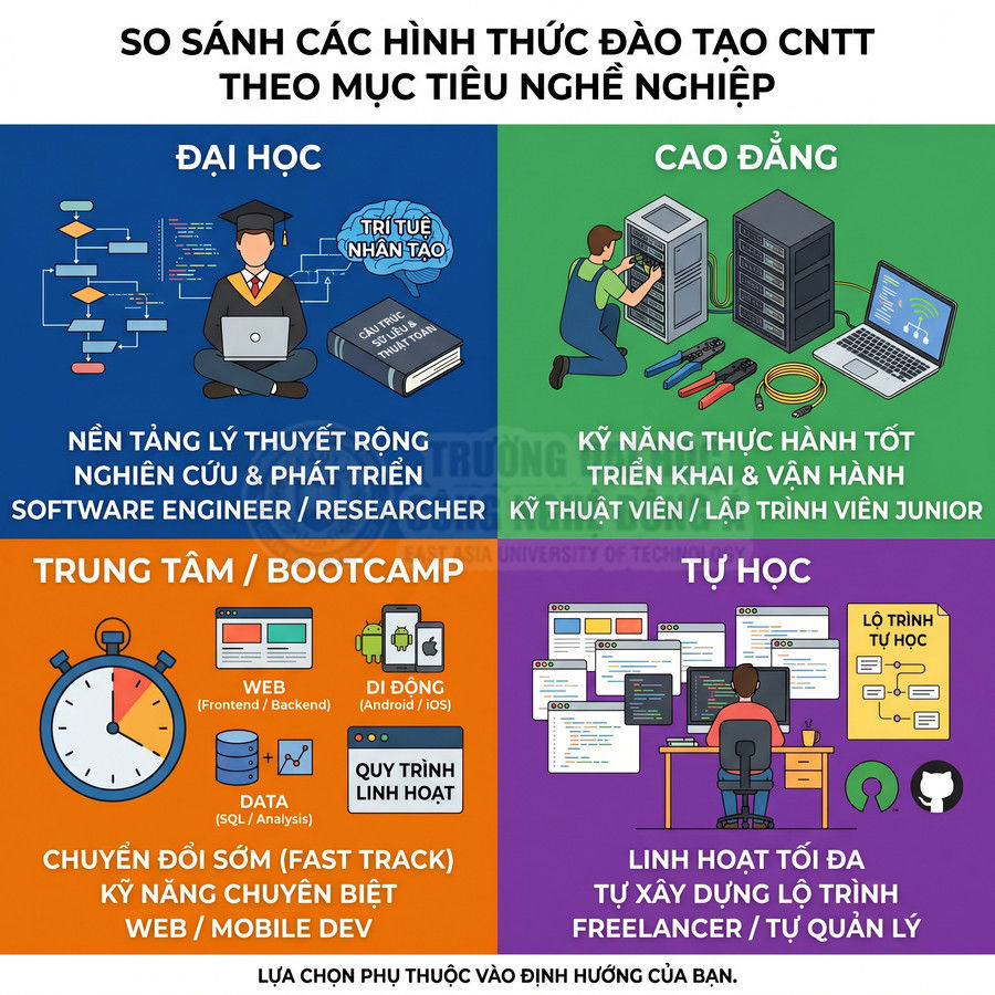So sánh các hình thức đào tạo CNTT đại học cao đẳng trung tâm bootcamp và tự học theo mục tiêu nghề nghiệp