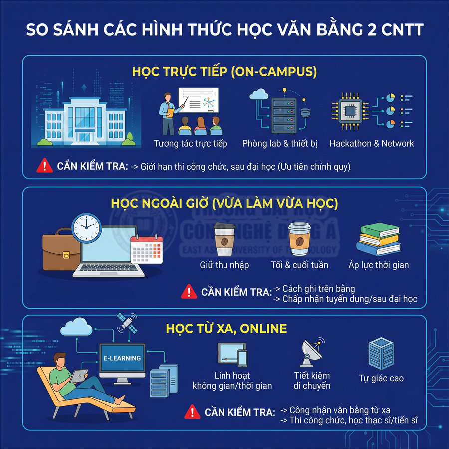 Infographic so sánh các hình thức học văn bằng 2 CNTT: học trực tiếp, học ngoài giờ và học từ xa online