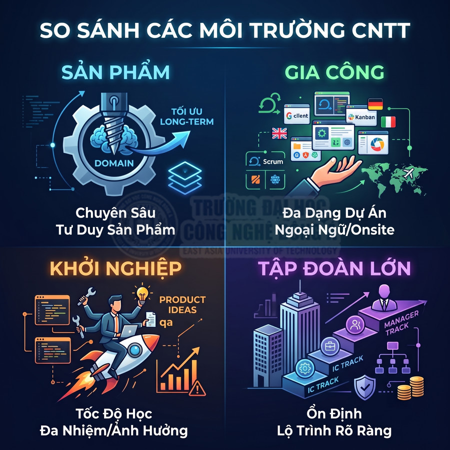 So sánh các môi trường làm việc CNTT: sản phẩm, gia công, khởi nghiệp và tập đoàn lớn