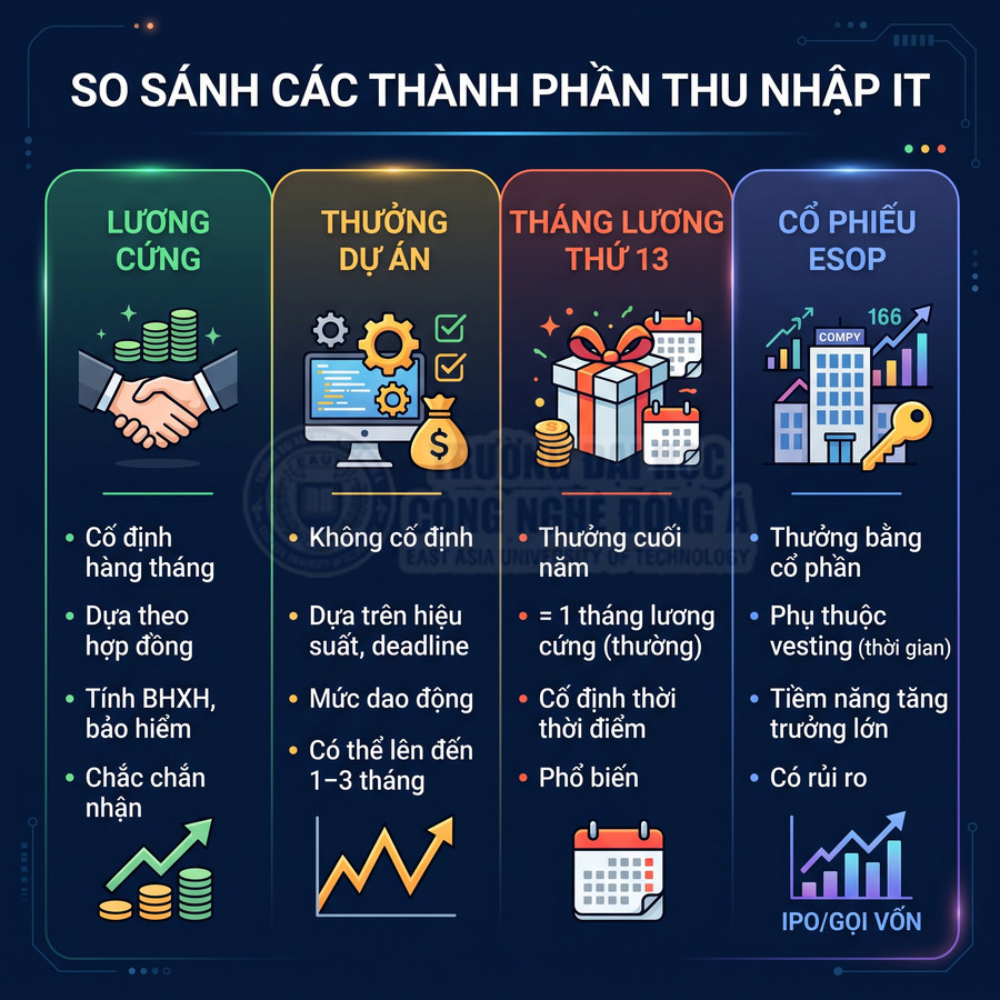 So sánh các thành phần thu nhập IT gồm lương cứng, thưởng dự án, tháng lương thứ 13 và cổ phiếu ESOP