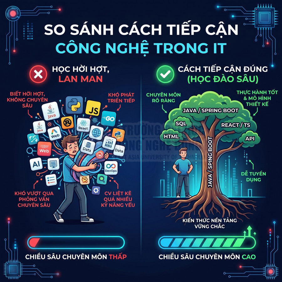 So sánh học lan man và học đào sâu trong công nghệ thông tin với minh họa cây kiến thức vững chắc